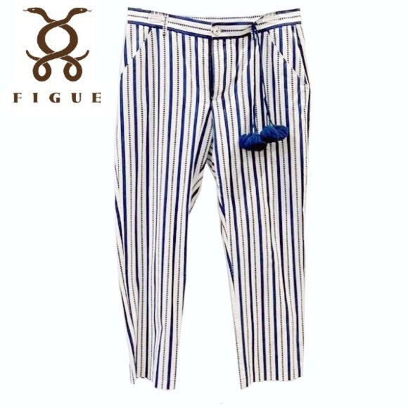 Figue Pants - FIGUE Zuri Pants Blue White  Striped Cotton Tassel Mid-rise Casual Pockets SZ 8